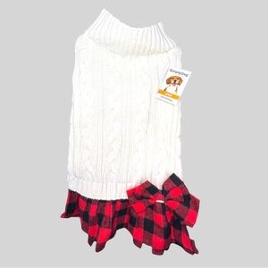 SimplyDog Cable Knit Sweater Dress with Red and Black Buffalo Plaid Skirt